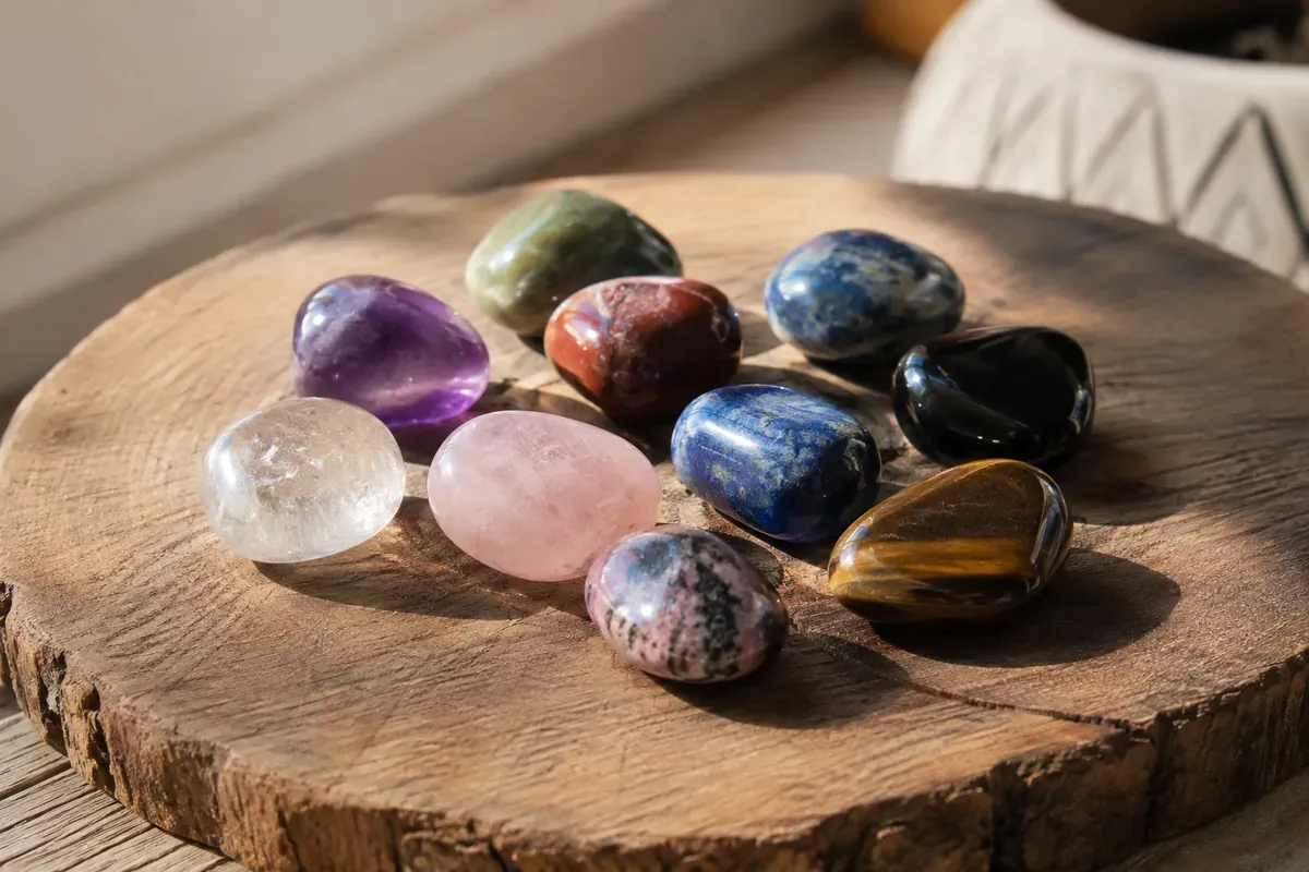 Dix pierres roulées polies, dont améthyste, quartz rose, lapis-lazuli, œil-de-tigre et obsidienne, posées sur une rondelle de bois