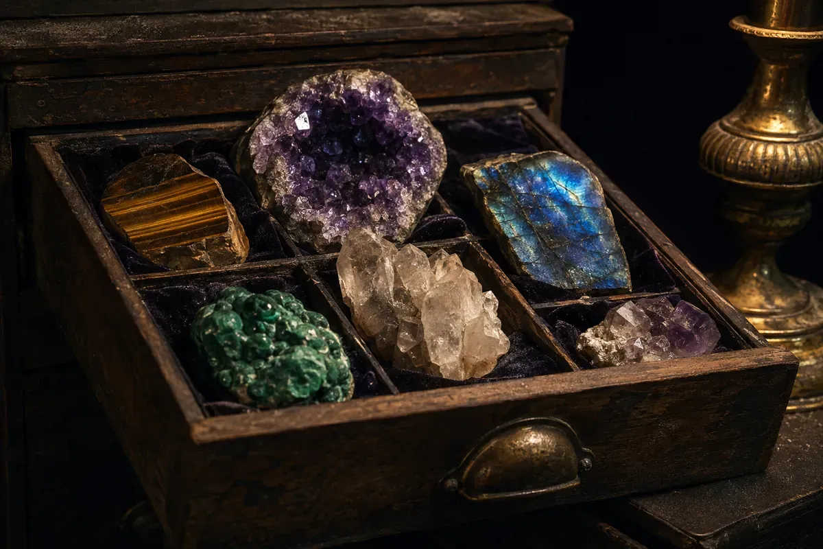 Tiroir de cabinet compartimenté : améthyste, labradorite, œil de tigre, malachite et cristal de roche