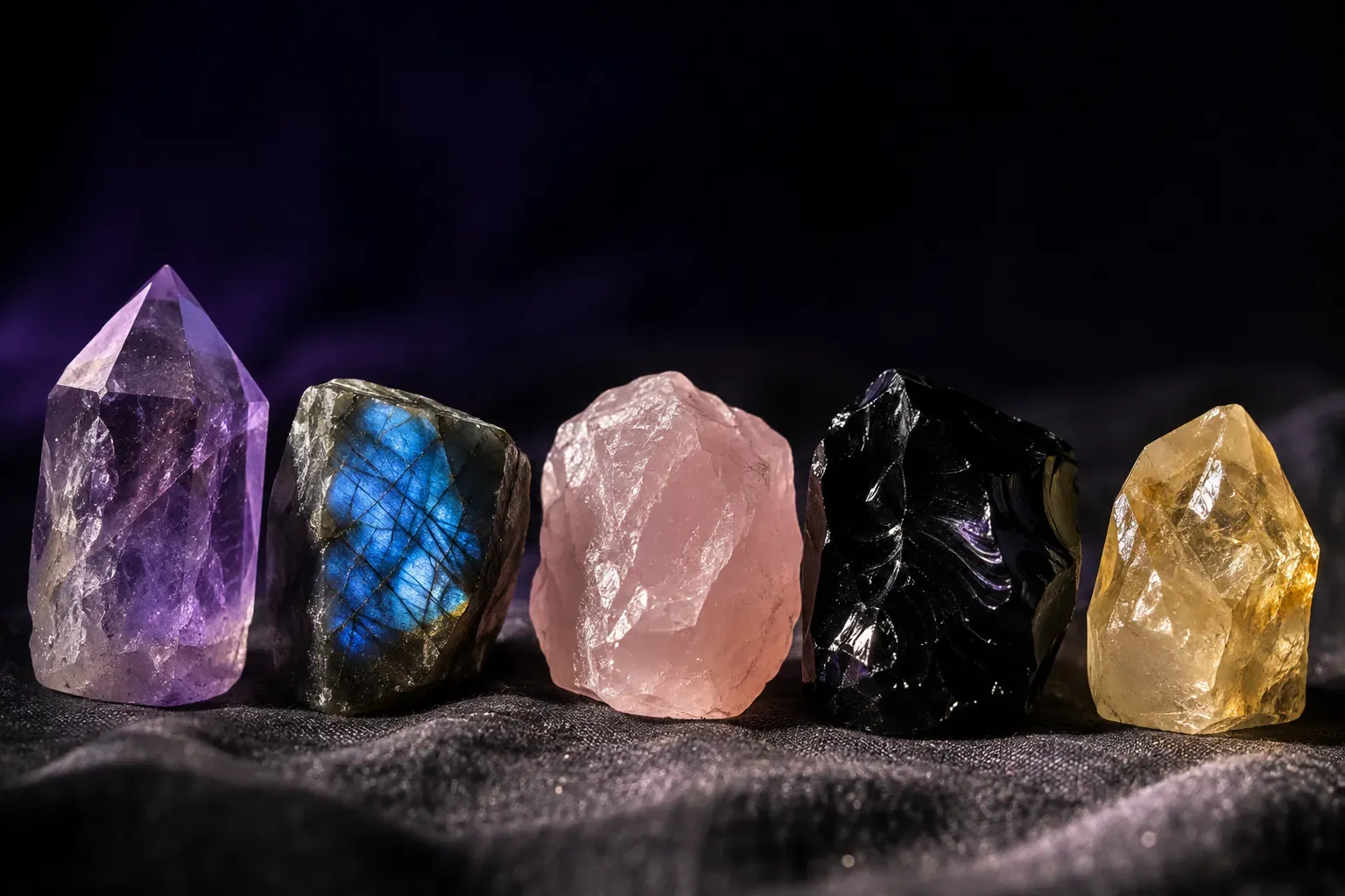 Cinq minéraux alignés sur du velours sombre : améthyste, labradorite, quartz rose, obsidienne et citrine